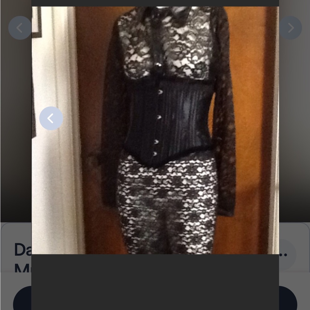 Tight fishtail, black white skirt with black waist blouse PVC trim